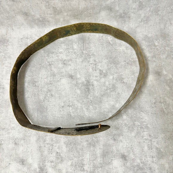 Vintage Brass & Copper Etched Metal Belt  Red Cabochon Centerpiece Made in India main image 9